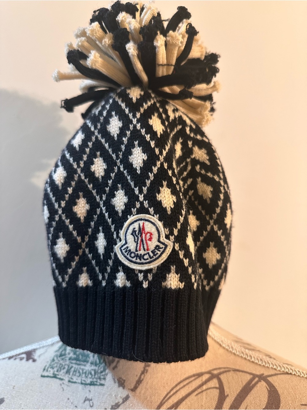 Moncler Black & Cream Diamond Pom Beanie